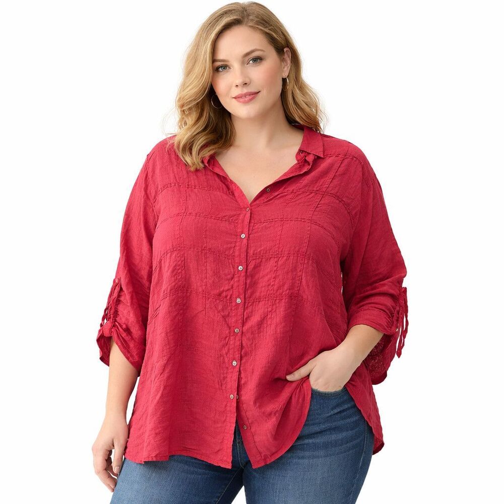 John Mark Tunic Blouse Womens 2X Red Linen Button Front 3/4 Sleeve Top